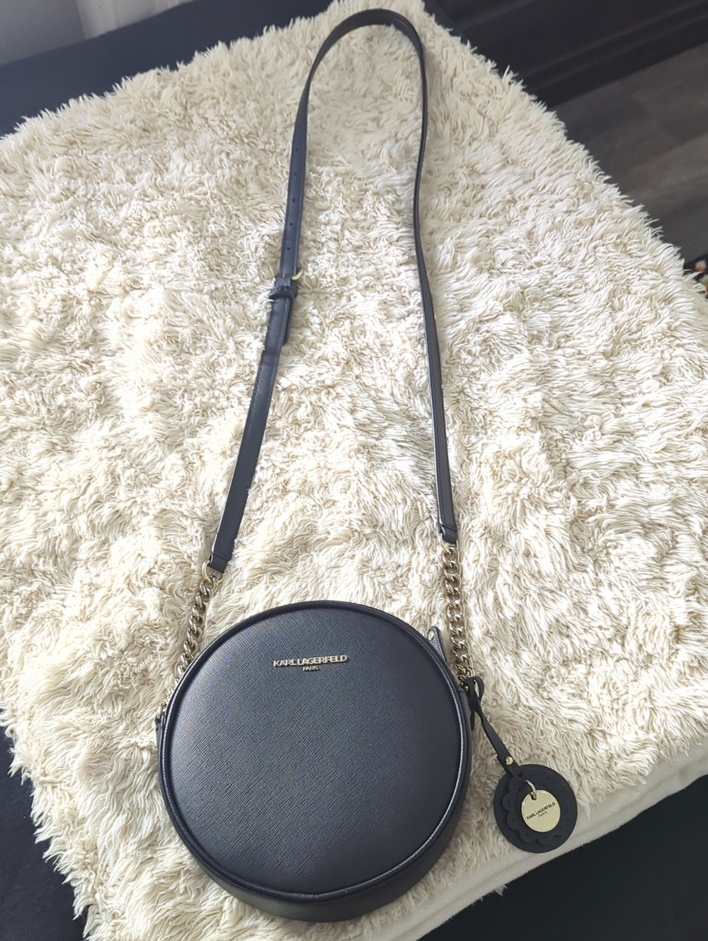 Karl Lagerfeld Black Round Crossbody with Gold Accents